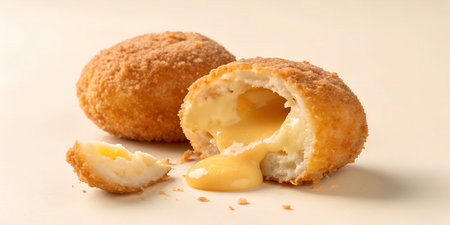 Hot fried breaded spheres with golden crust one cut open showing stream of melted yellow cheese...