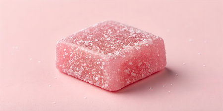 A single pink gummy candy, square shaped and coated in fine sugar crystals.  It sits on a plain pink...
