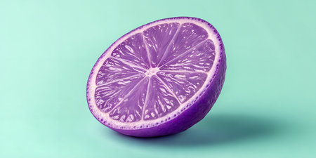 Brightly colored citrus half a lime dyed vivid purple resting on cool turquoise surface showing detailed internal structure and segmentsの写真素材