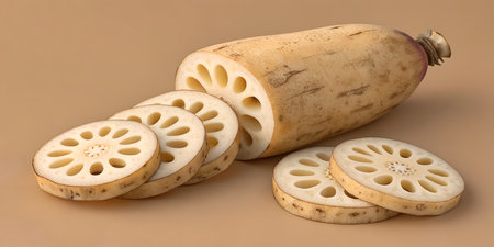 Fresh lotus root with slices. Lotus root is edible and used in many Asian cuisines. Sliced lotus roots are ready for cooking. Organic lotus root is ingredient for various culinary dishes. Freshly harvested lotus is healthy and natural food.の写真素材