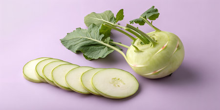 Kohlrabi green bulb vegetable sliced on light purple background studio shot. Cabbage turnip with thick rounded bulb and long leafy stalks. Raw sliced kohlrabi exposing white interior flesh. Healthy vegetable used in salads and cooking preparationの写真素材