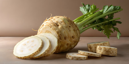 A whole celeriac root with its textured skin and attached green stalks is shown alongside several thick slices revealing its pale, patterned interior. The root vegetable rests on a subtle, neutral background, emphasizing its earthy quality and suitability for healthy eating.の写真素材