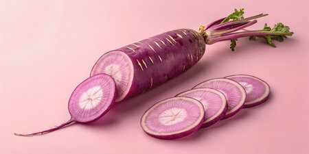 Purple daikon radish sliced on light pink background studio shot. Vibrant purple radish long root crop with smooth skin and bright pink flesh. Vegetable produce food ingredient used in cooking and salads. Healthy eating and fresh organic produce conceptの写真素材
