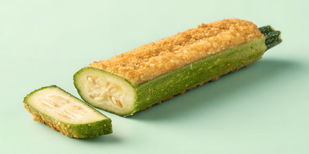 Green zucchini squash stuffed with savory golden breadcrumbs. Sliced vegetable marrow showing internal seeds and pulp. Vegetarian meal preparation on light teal background. Healthy organic farm produce cooked with topping. Summer squash dish for vegan nutrition.の写真素材