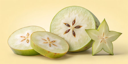 Several slices and half of a green star fruit presented with whole fruit. Cut star fruit reveals its distinctive star shape and edible seeds, showcasing its unique texture and vibrant green exterior against a soft yellow backdrop, highlighting natural beauty.の写真素材