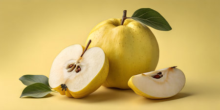 Premium quality organic yellow quince fruit composition on plain background. Healthy natural food ingredient for cooking and recipes. Ripe aromatic pome fruit with juicy white flesh and dark brown seeds. Fresh garden produce photography for lifestyle and wellness.の写真素材