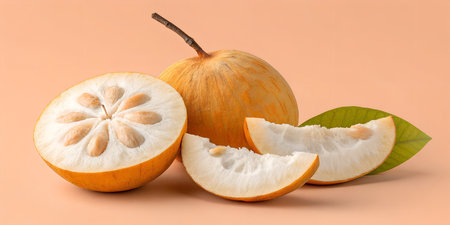 Exotic santol fruit also known as cotton fruit with velvet skin and white segment interior. Ripe tropical harvest from southeast asia on plain studio background. Sour and sweet edible pulp for authentic recipes. Unique fruit texture for botanical food studies.の写真素材