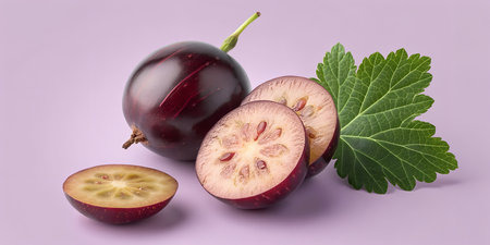 Red gooseberry fruit still life. Sliced gooseberries on light purple background. Gooseberry with green leaf. Studio shot of fresh ripe gooseberry. Healthy and natural food photography. Antioxidant rich berry for healthy diet. Perfect for food blogs, recipe books, and culinary projectsの写真素材