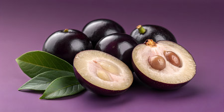 Brazilian grape tree fruit known as jabuticaba on matching dark background. Small round black berries whole and halved for exotic food photography. Fresh translucent pulp with seeds and glossy skin. Unique tropical harvest for healthy lifestyle and antioxidant diet.の写真素材