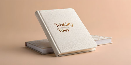 Luxury white textured book inscribed with stylish golden calligraphy reading wedding vows presented against soft neutral backdrop symbolising commitment and romance. Another matching book lies beneath for elegant presentation.の写真素材