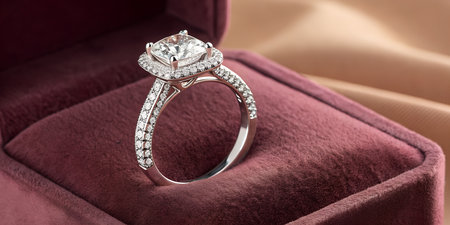 Magnificent cushion cut diamond ring featuring pave accents displayed prominently within plush...