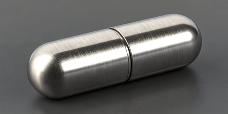 Sleek metallic silver capsule resting on a dark gray background. This object represents a clean and precise design, ideal for pharmaceutical, industrial, or scientific concepts. The reflective surface highlights modern technology, innovation, and futuristic appeal.の写真素材