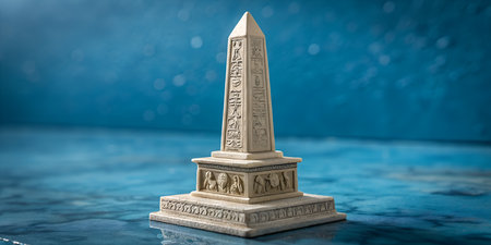 Ancient Egyptian obelisk replica with detailed hieroglyphs. This miniature monument features intricate carvings and stands against a mystical starry night sky. Reflections on water create a serene and historical ambiance. Focus on architecture, history, and ancient civilizations.の写真素材