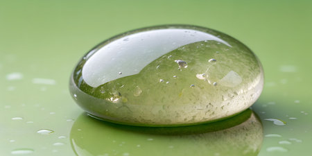Macro shot of translucent green oval glass stone with embedded air bubbles. Stone rests on reflective light green surface with scattered droplets. Smooth, polished texture. Represents nature, healing, or decorative element. Abstract.の写真素材