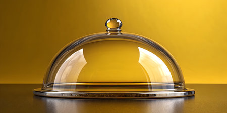 Classic transparent cloche or food cover on silver base emphasizing reflection and light play against rich warm yellow or golden background for presentation concepts.の写真素材