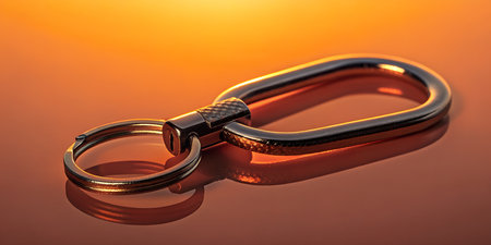 Stylish metallic keychain. Carabiner clip and split ring accessory. Modern key holder design. Reflective surface under warm orange light. Essential everyday carry item. Secure and practical keyring. Elegant and functional personal accessory. Minimalist style.の写真素材