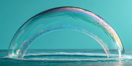 Large transparent bubble capturing iridescent rainbow colors on its surface. Granular material visible inside. Bubble rests on rippling water surface. Abstract, ethereal, and scientific concept. Clean background.の写真素材