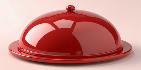 Elegant shiny red serving cloche and tray set. This reflective metal food cover adds a touch of sophistication to any dining experience. Perfect for special occasions, restaurant presentations, or home decor. The smooth surface and vibrant color stand out.の写真素材