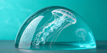 Glowing jellyfish under protective clear glass bell jar concept representing marine life protection or futuristic habitat design underwater ecosystem visualization soft lighting.の写真素材