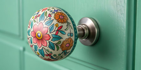 Ornate ceramic door knob with colorful floral designs. Artistic door handle on teal green wooden door. Hand-painted flower motif. Unique home decor accent. Vintage style hardware. Beautiful entryway detail. Charming architectural element. Bright and inviting.の写真素材