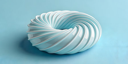 Abstract light blue spiral sculpture resembling a twisted donut shape on matching monochromatic background. Serene geometric form with swirling lines and smooth texture. Modern artistic object with elegant curves and gentle shadows in a studio setting. Minimalist design for a calming aesthetic.の写真素材