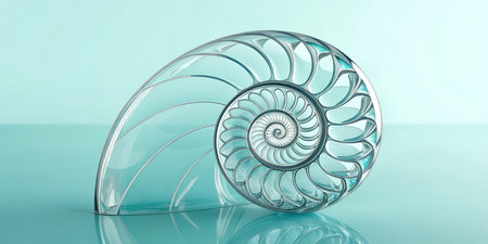 Transparent polished glass representation of nautilus shell cross section. Inner chambers exhibit clear logarithmic spiral pattern. Shell is cut in half, revealing intricate details. Light refracts through glass, creating subtle highlights. Set against pale blue surface.の写真素材