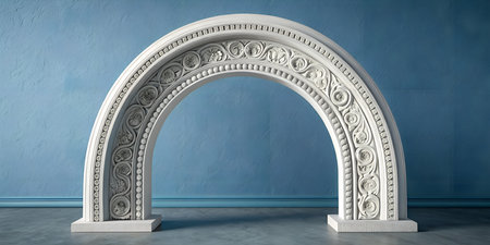 Architectural decorative element featuring detailed relief work of flowers and scrolls. Baroque style arched frame on stone floor. Elegant home decor design inspiration. Vintage molding sculpture in empty room. Sophisticated craftsmanship for luxury indoor space.の写真素材