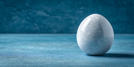 Smooth polished marble egg on textured blue background with ample copy space for design or text. Elegant stone object with natural patterns and subtle reflections. Minimalist still life showcasing the beauty of natural materials and simple forms. Serene and sophisticated product photography.の写真素材