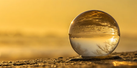 Optical glass globe capturing beautiful seaside scenery with upside down view of sky and waves. Magical photography prop on sandy shore at dawn. Warm yellow light illuminates coastal environment. Creative perspective of nature through transparent orb element.の写真素材