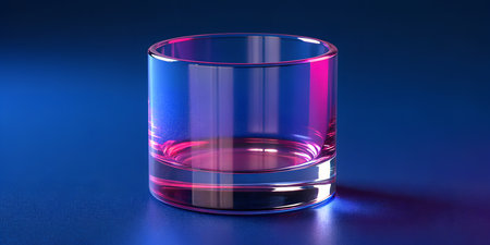 Minimalist clear glass with vibrant pink and blue light reflections creating modern artistic still life. Beautiful transparent container with colorful illumination on a dark blue surface. Abstract product photography showcasing glass refraction and contemporary design in a studio setting.の写真素材