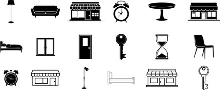 Diverse collection of common objects and elements including furniture, timekeeping devices, and architectural components. Images are presented as black silhouettes on clean white background, creating minimalist and versatile visuals for various design projects and illustrations.のイラスト素材