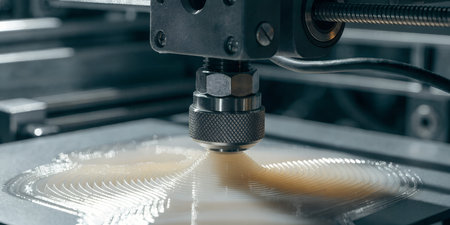 Professional 3d printer head depositing liquid filament. Manufacturing process of rapid prototyping....