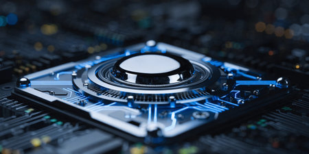 Futuristic computer chip with intricate glowing blue circuitry, showcasing advanced technological...