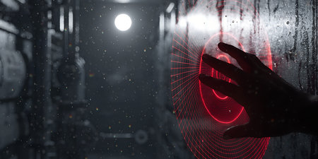 Cinematic shot of palm pressed against glass with digital target grid projection. Red holographic...