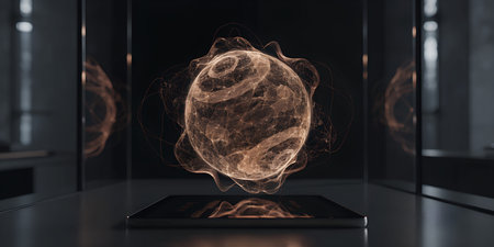Warm, luminous holographic sphere composed of interconnected lines and nodes. Sphere emits soft...