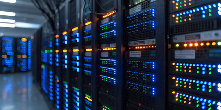 Rows of modern data servers with illuminated indicator lights create an abstract technological...