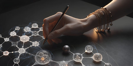 Hand holding stylus, writing on digital diagram. Molecule structure, scientific research,...