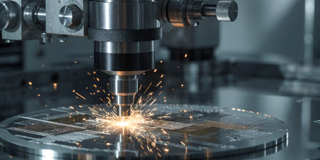 High precision manufacturing process showing laser head engraving metal surface. Intense light and...