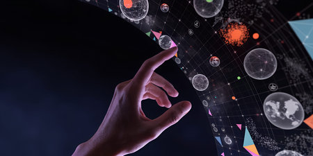 Hand touching 3d holographic sphere network. Global data science, digital world, technological...