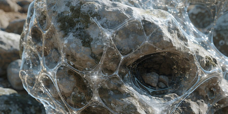 transparent web-like structure covering a textured rock surface, small stones visible within a...