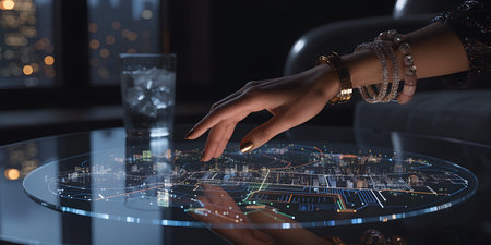 Elegant woman reaching toward miniature luminous digital town map projected on sleek surface in...
