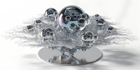 A mesmerizing abstract composition featuring fluid metallic spheres and intricate liquid tendrils....