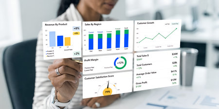 Woman monitoring financial performance metrics. Interactive infographic display. Business...