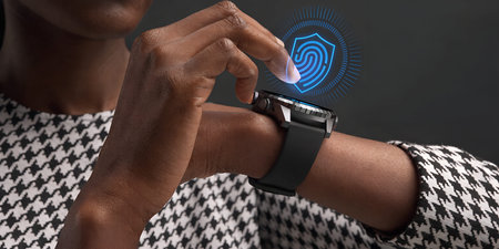 Person uses a smartwatch for biometric authentication. Fingerprint scan on the wrist device...