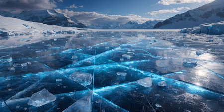 Shattered crystalline surface displaying geometric patterns and deep fissures across frozen lake. Bright sun rays illuminating transparent blocks of ice in remote polar region. Cold winter scenery with vast snowy plains and distant high peaks in wilderness area.の写真素材