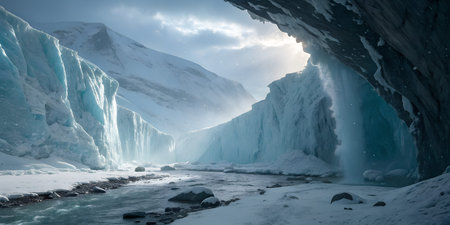 Icy river carves path through vast glacial landscape. Towering ice walls and snow-covered mountains...