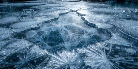 Stunning aerial view of frozen lake showcases vast expanse of intricate ice formations. Jagged...