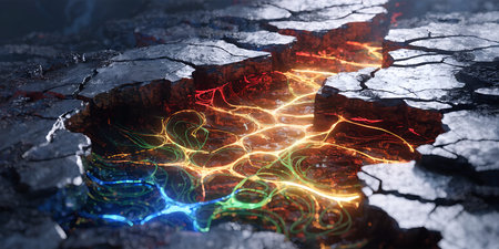 Fragmented, dark earth surface cracked open to expose bright, swirling energy patterns in multiple...