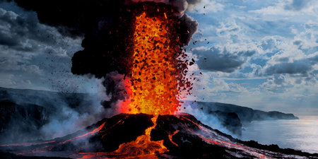 Explosive volcanic eruption dramatically expels vibrant red-orange molten lava and dark ash into...