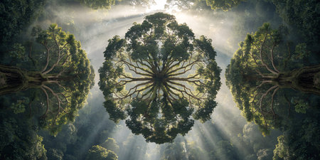 Top view of lush tropical forest trees arranged in geometric mandala shape. Bright white light beams...